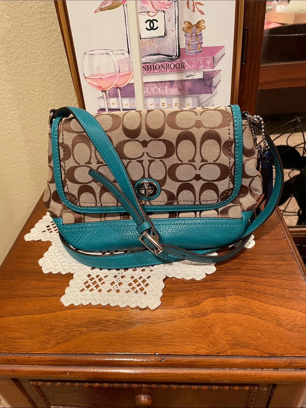Coach Brown Signature Crossbody with Teal Trim